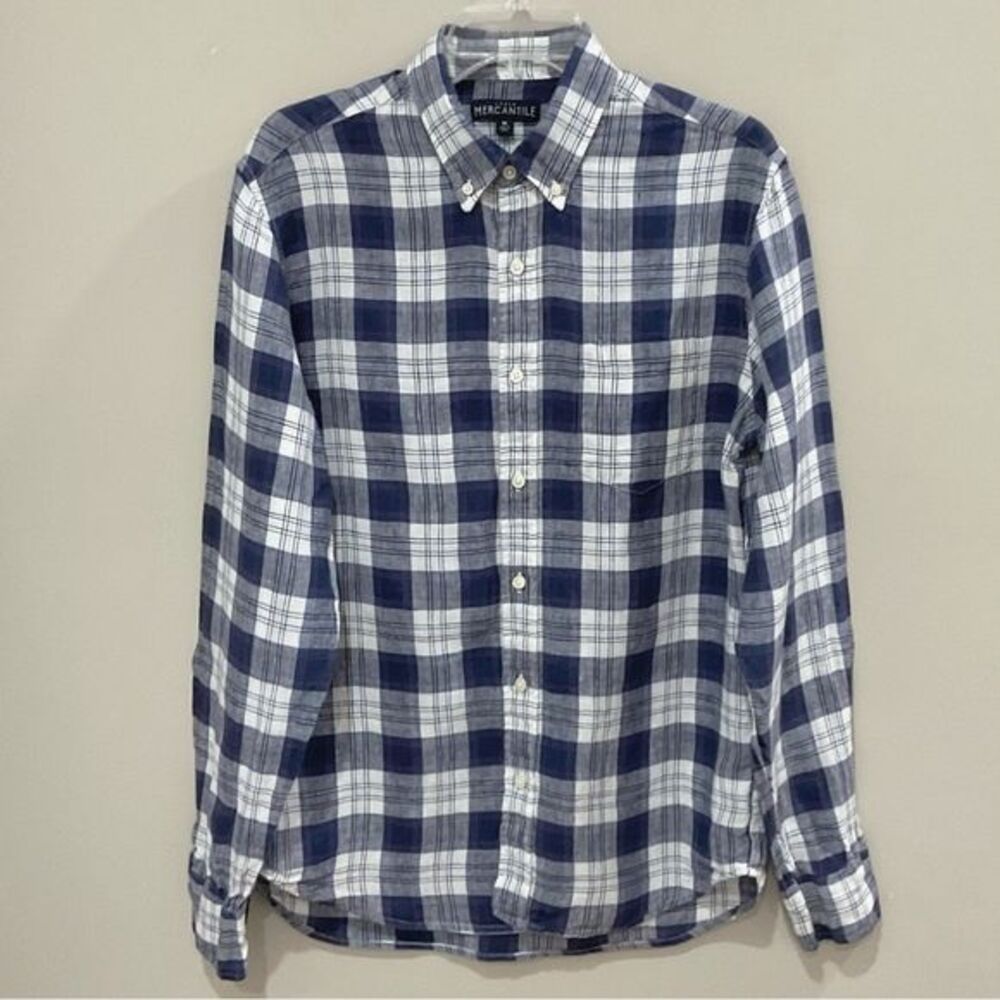 J. Crew Mercantile Linen Shirt Red White & Blue Plaid Men's Sz Med Button Front